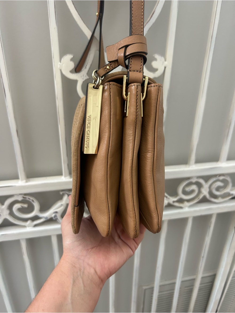 Vince Camuto Suede Leather Crossbody Organizer Bag Camel Tan - Picture 5 of 10